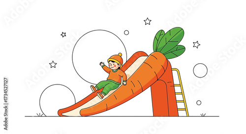 Illustration of a child on a carrot-shaped slide with stars and circles for a playful design