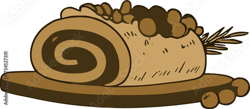 A rustic hand-drawn illustration of a rolled cake decorated with nuts and grains, placed on a wooden board for a traditional presentation.