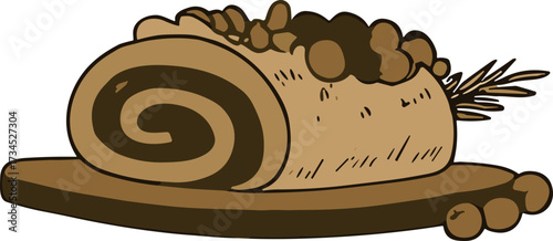 A rustic hand-drawn illustration of a rolled cake decorated with nuts and grains, placed on a wooden board for a traditional presentation.