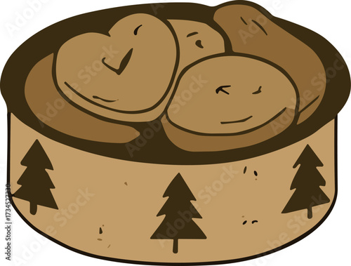 A hand-drawn illustration of cookies in a round festive box decorated with pine tree patterns, symbolizing a rustic holiday treat.
