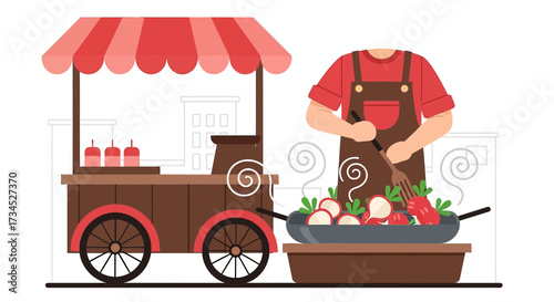 Illustration of a food cart vendor cooking vegetables on the street with building background