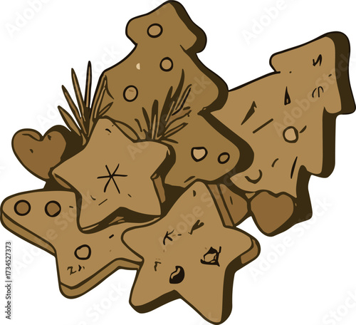 A festive assortment of hand-drawn Christmas cookies shaped like stars, trees, and hearts with rustic holiday charm