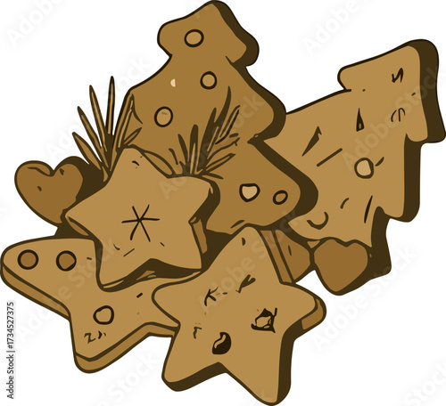 A festive assortment of hand-drawn Christmas cookies shaped like stars, trees, and hearts with rustic holiday charm
