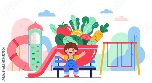 Illustration of a happy child promoting healthy eating habits in a playground scene