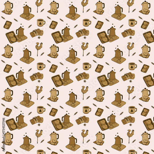 A seamless cozy pattern featuring coffee pots, mugs, cookies, bread, and sweets in warm rustic tones, creating a homely café-inspired design.