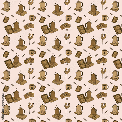 A seamless cozy pattern featuring coffee pots, mugs, cookies, bread, and sweets in warm rustic tones, creating a homely café-inspired design.