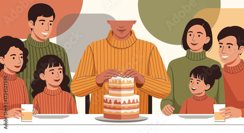 Illustration of a happy family celebrating with cake depicting warmth and togetherness