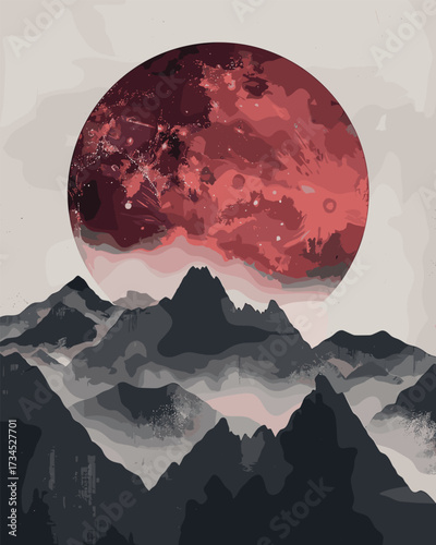 A surreal artwork depicts dark misty mountains beneath a massive red celestial body glowing in the sky.