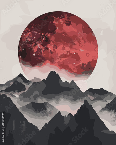 A surreal artwork depicts dark misty mountains beneath a massive red celestial body glowing in the sky.