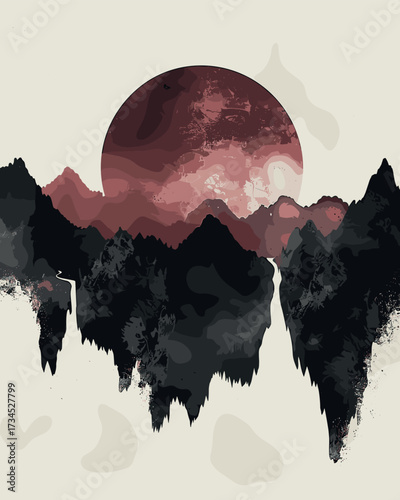 A surreal landscape features jagged black mountains rising into the sky with a massive red celestial body glowing behind them.