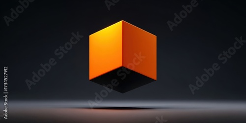 Floating Orange and Black Cube with Deep Shadow on Dark Background