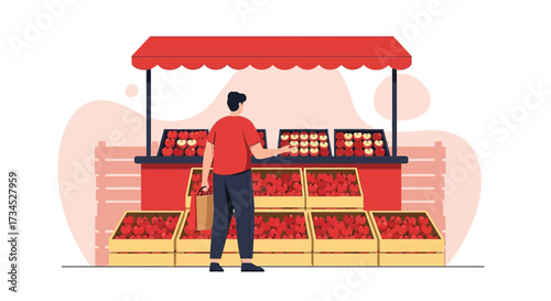 Illustration of a Man Buying Apples at a Fruit Stand with a Red Canopy and Crates