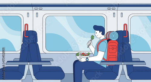 Illustration of a man enjoying healthy salad during train travel with backpack and scenic view