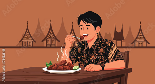 Illustration of a man enjoying rendang against the backdrop of Minangkabau architecture