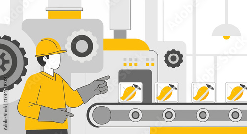 Illustration of a mango processing factory with a worker wearing safety gear overseeing the