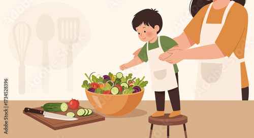 Illustration of a mother helping her son to prepare a healthy salad in the kitchen