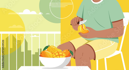 Illustration of a person peeling a mango on a balcony with a city view evoking summertime