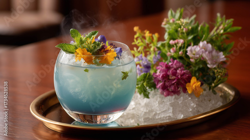 A creative signature cocktail featuring butterfly pea flower gin in a clear glass globe.