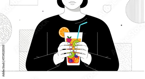 Illustration of a person holding a refreshing fruit smoothie in a minimalist style