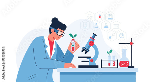 Illustration of a scientist working with plant genetics and biotechnology research in a laboratory