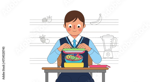 Illustration of a schoolboy preparing a healthy lunch at his desk with fruits and a blender in the