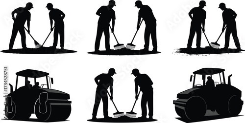 Silhouette of road construction workers with shovels, teamwork, asphalt paving, heavy roller machine, civil engineering, industrial labor, highway maintenance, roadwork, black illustration