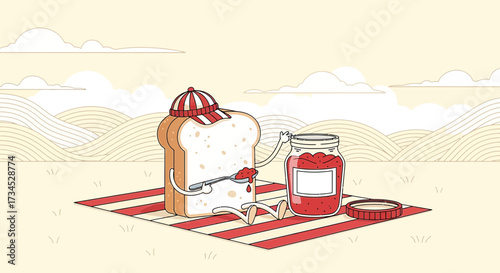 Illustration of a slice of bread enjoying a picnic with a jar of strawberry jam