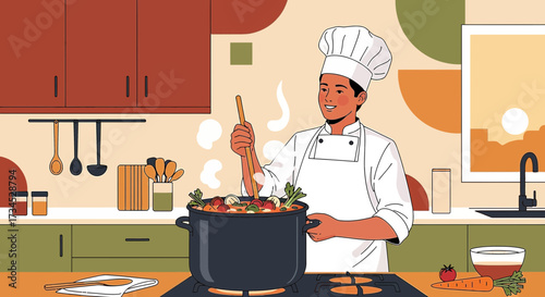 Illustration of a smiling chef cooking a hearty vegetable stew in a modern kitchen setting