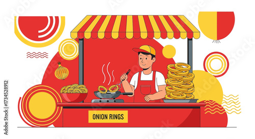 Illustration of a street vendor cooking and selling delicious onion rings at a stall