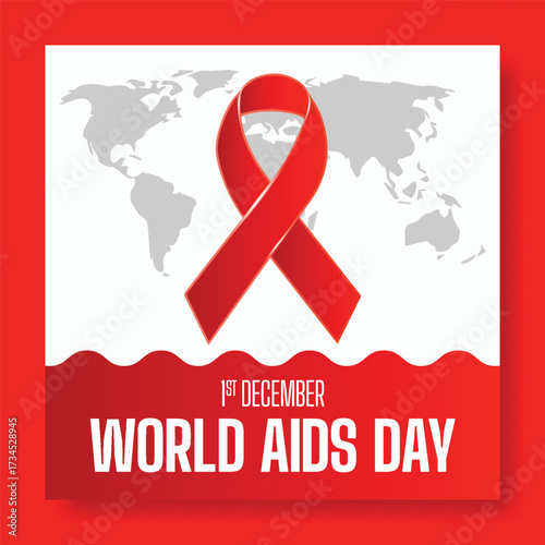 AIDS awareness day red ribbon social media post template, charity campaign banner, promotional square flyer or poster advertisement with modern vector illustration background.