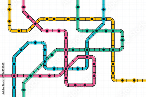 Creative colorful metro map style lines with connected routes and stations, symbol of journey, planning, and strategy in modern design.