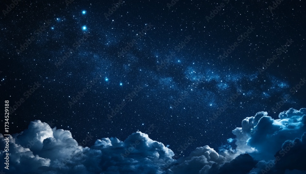 Fototapeta premium The illustration shows a vast expanse of night sky filled with numerous stars of varying brightness, partially obscured by fluffy clouds at the bottom of the frame.