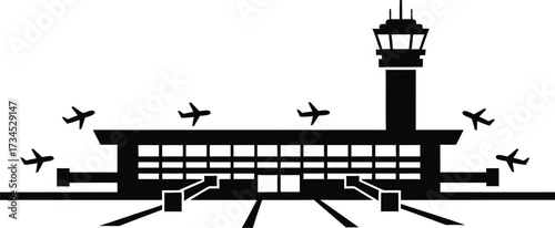 Modern airport terminal building with airplanes and control tower silhouette