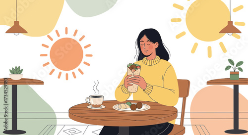 Illustration of a woman enjoying a wrap and coffee in a sunlit cafe with soft aesthetics