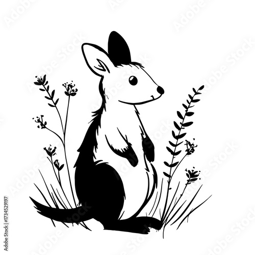 Wallaby. Wallaby simple black and white line art vector logo