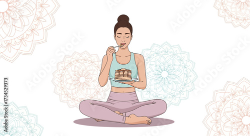 Illustration of a woman meditating and eating pancakes surrounded by mandala patterns