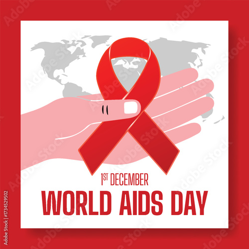 Creative AIDS awareness campaign square flyer or poster template, charity red ribbon promotional banner, social media post advertisement with modern vector illustration background design.