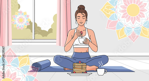 Illustration of a young woman practicing yoga and enjoying a healthy breakfast at home in a serene