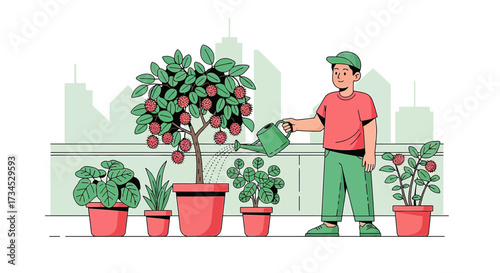 Illustration of a young man watering potted plants on a balcony garden in the city urban