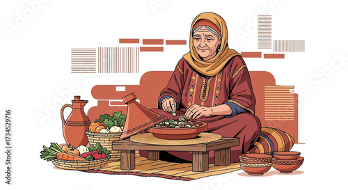 Illustration of an elderly Moroccan woman preparing traditional tagine with fresh ingredients in a