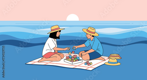 Illustration of friends playing with building blocks on a beach during sunset joyful scene