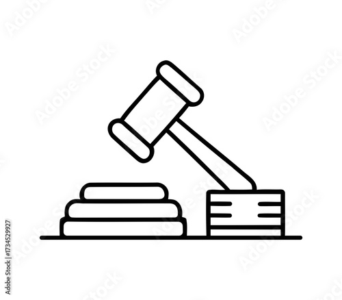 Simple line art icon of a judge s gavel and sounding block. gavel and hammer icon