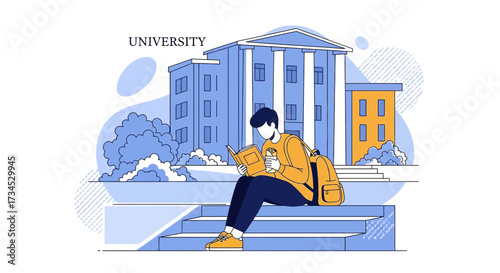 Illustration of student studying on university steps, modern design and clean vector style
