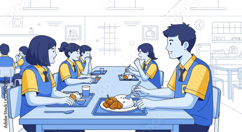 Illustration of students having lunch at a school cafeteria with a minimalist blue color scheme