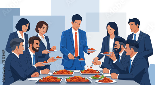 Illustrative business team enjoying a catered lunch together in modern setting featuring a variety