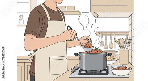 Illustrative depiction of a person preparing a meal in a well-equipped kitchen setting