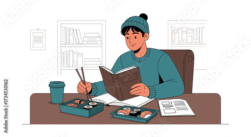 Illustrative depiction of a young man immersed in studying with sushi and a coffee break