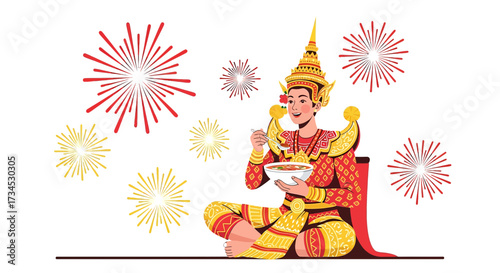 Illustrative depiction of Songkran festival celebrant feasting amidst festive fireworks