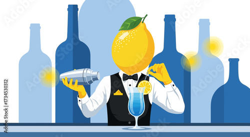 Illustrative lemon-headed bartender preparing a cocktail amidst stylized liquor bottles