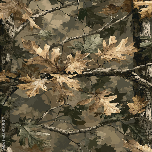 Realistic forest camouflage pattern. Tree, branches, green and brown bark leaves. Useable for hunting and military purposes.